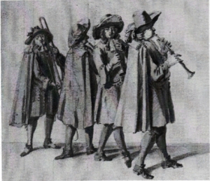 c. 1680—England: A wash drawing attributed to Marcellus Laroon depicts a group of 17th century town waits—3 shawms and a trombone 